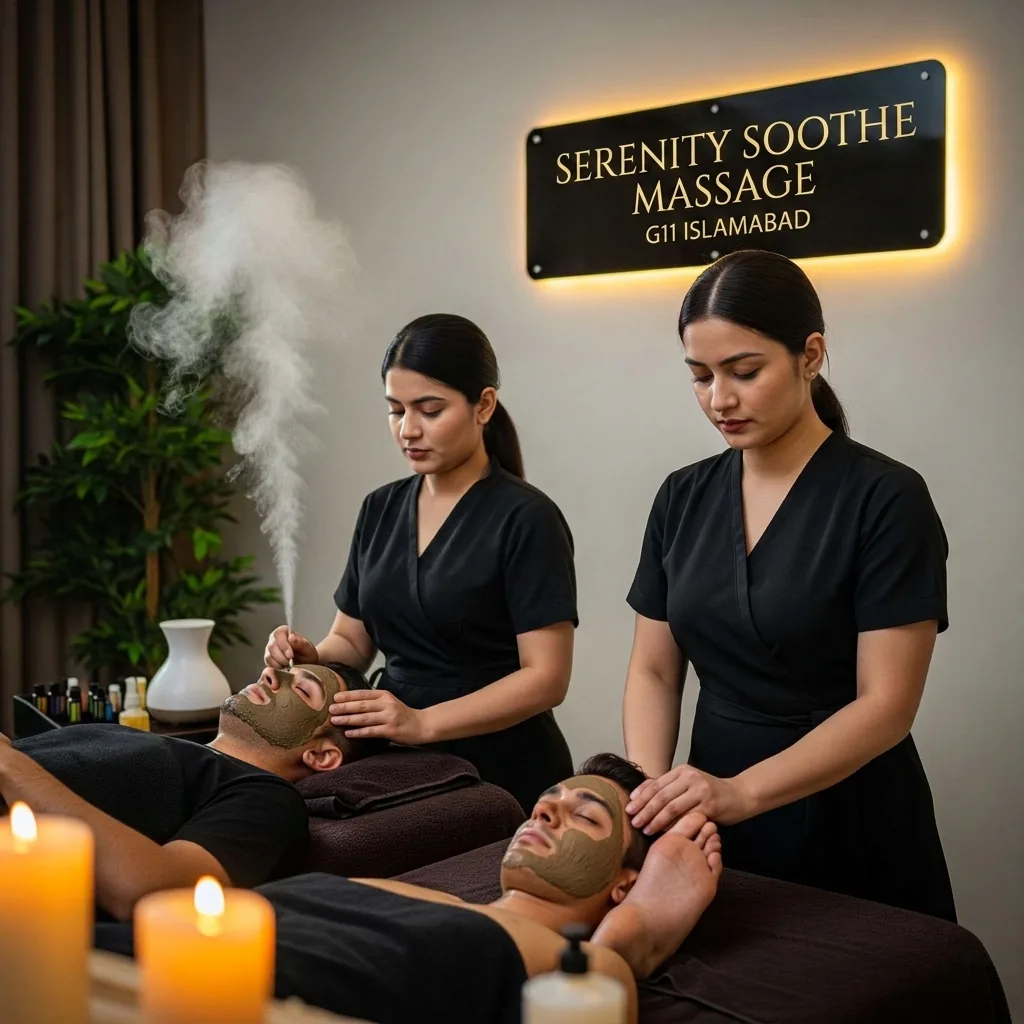 Golden sanctuary massage suite with heated treatment bed at Serenity Soothe Massage Islamabad