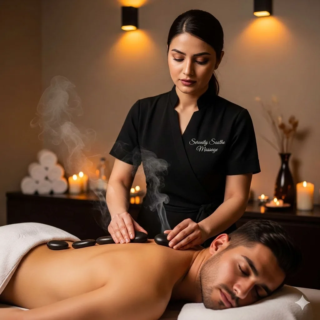 Volcanic basalt hot stone massage therapy at Serenity Soothe Massage Islamabad